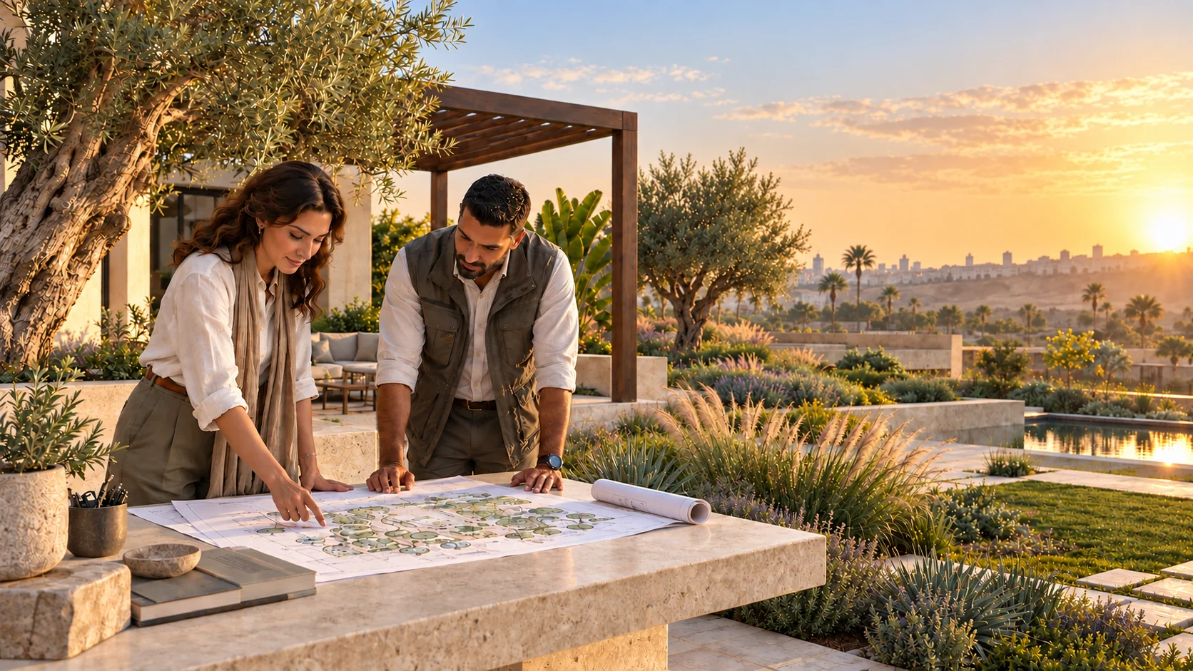 مهندسة لاندسكيب ومهندس موقع يراجعان مخطط حديقة في مصر